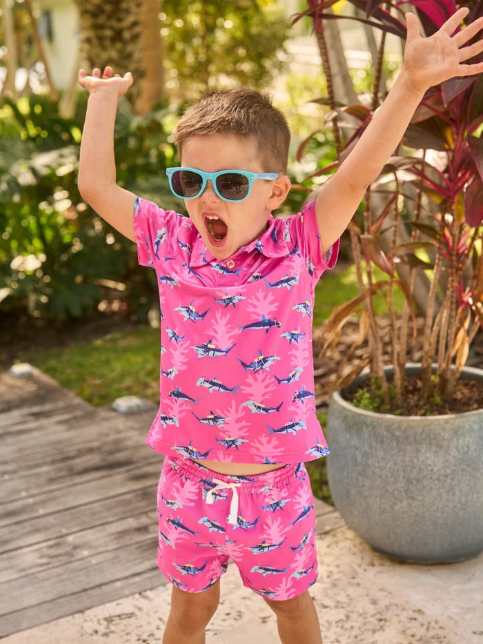 The Great Pink Shark (Boys Performance Polo) - Image 1 - Chubbies Shorts