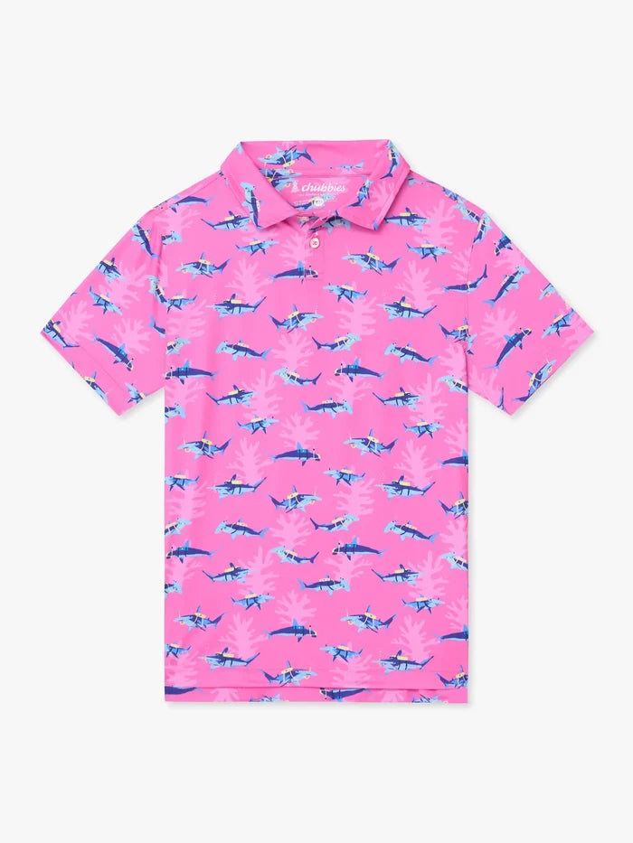 The Great Pink Shark (Boys Performance Polo) - Image 1 - Chubbies Shorts