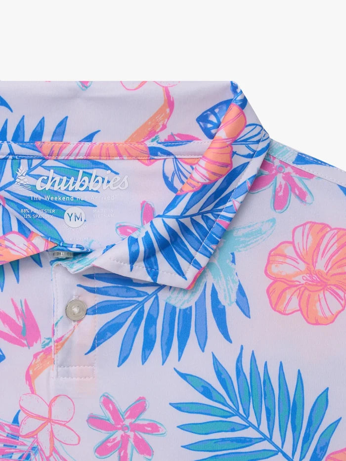The Tropic Like Its Hot (Boys Performance Polo)- White - Image 2 - Chubbies Shorts