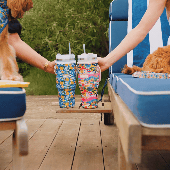 Two people on blue lounge chairs use a yellow Coconut Lane Tumbler Carry Case; two dogs lie nearby.