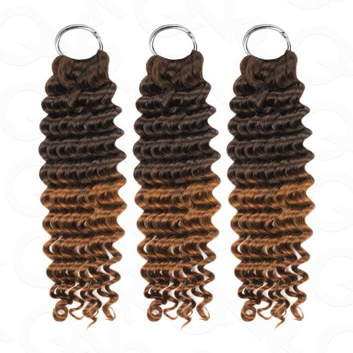 Deep wave crochet hair extensions in color #T2/30, 100% human hair, machine made, available in lengths 14-24 inches.