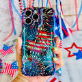 Dark blue wavy iPhone case featuring bright red, white, and blue fireworks display held in hand.