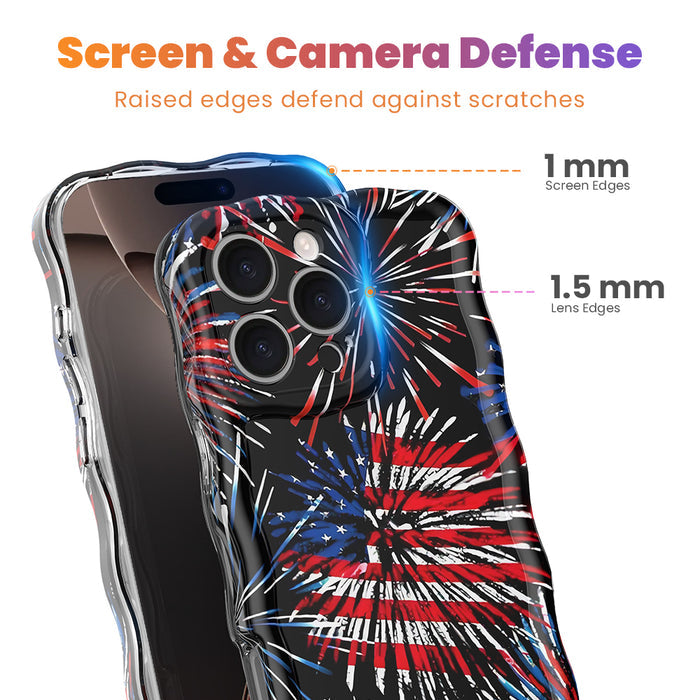 Dark blue wavy iPhone case featuring bright red, white, and blue fireworks display held in hand.