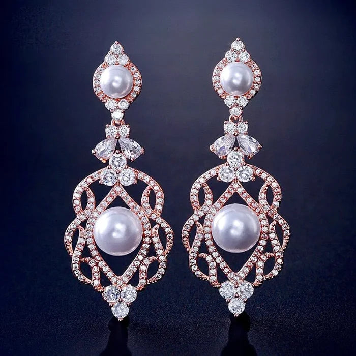 Versailles - Pearl and Cubic Zirconia Bridal Earrings - Available in Rose Gold and Silver