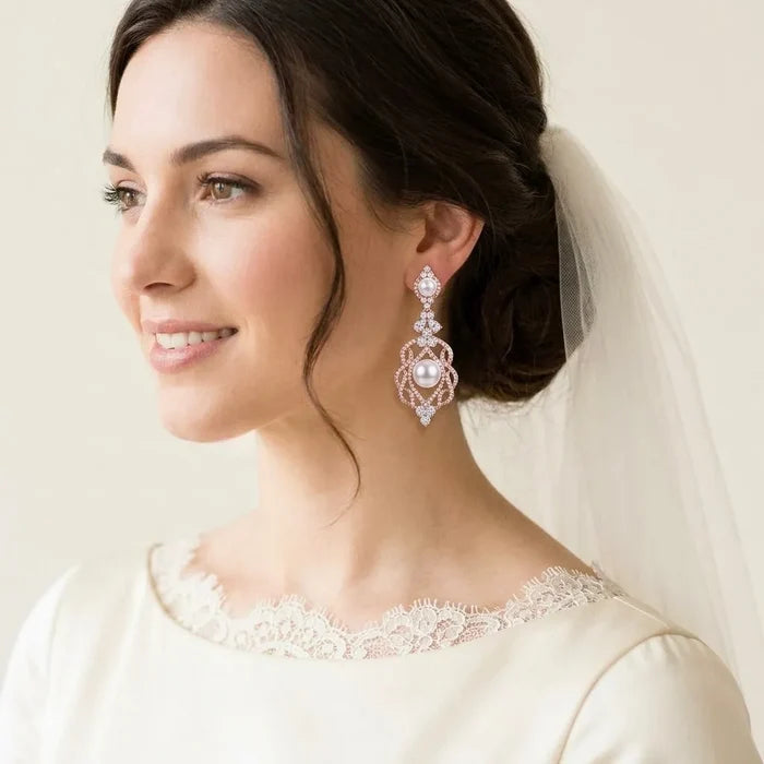 Versailles - Pearl and Cubic Zirconia Bridal Earrings - Available in Rose Gold and Silver