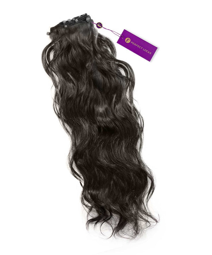 A bundle of long, wavy Chocolate Brown  Wavy Beaded Weft Rows by Perfect Locks with a purple tag on a white background.#color_natural-black-(1B)