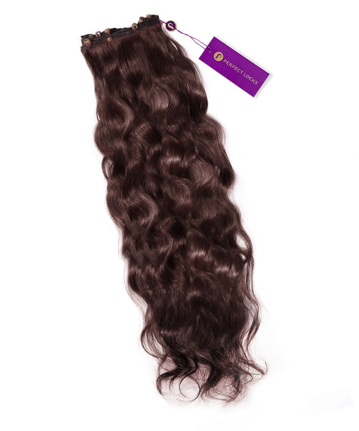A bundle of Perfect Locks Wavy Beaded Weft Rows hair extensions in Golden Brown  with a purple tag on a white background.#color_chocolate-brown-(3)