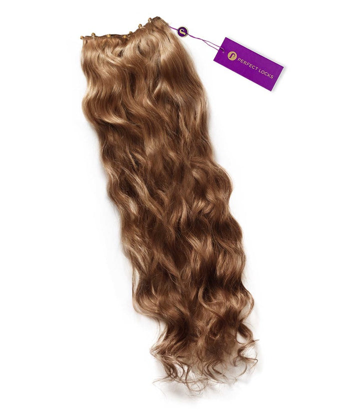 A bundle of long, wavy platinum blonde  Remy hair extensions from Perfect Locks' Wavy Beaded Weft Rows with a purple tag on a white background.#color_golden-brown-(6)