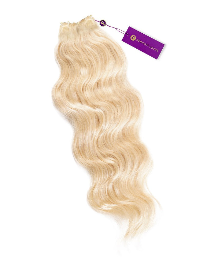 Perfect Locks Wavy Beaded Weft Rows in platinum blonde with a purple tag, displayed on a white background.#color_platinum-blonde-(613)