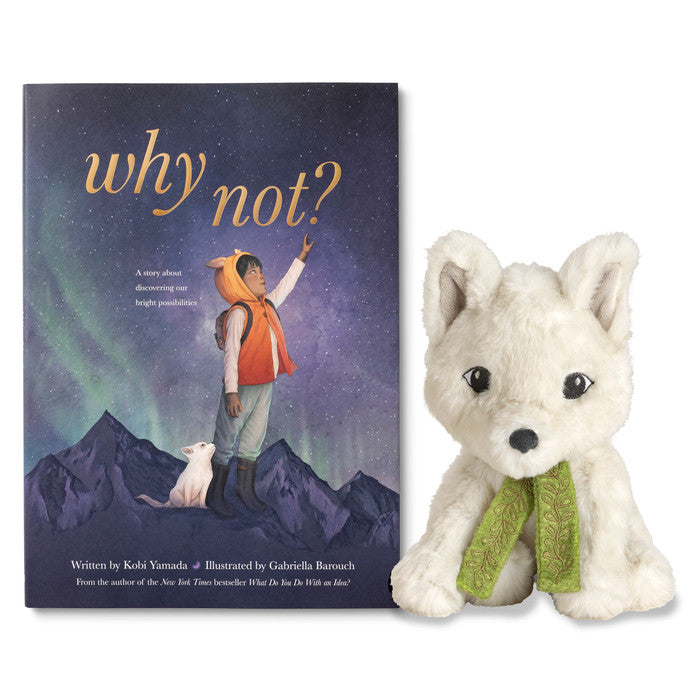 Book titled 'why not?' with a plush wolf toy on a white background