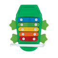 The Xylodile Musical Bath Toy features five rainbow-colored keys on a green turtle-shaped base and includes a white mallet, making it a fun and engaging music-making bath toy for kids.